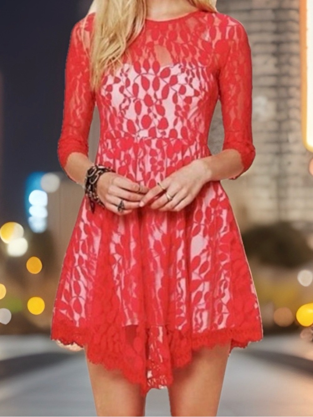 Free People Overlay Lace Dress Poppy Red.  Soft & Stretchy. Size 0. Fairy charm